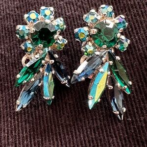 Vintage Antique Signed Sherman Blue Green Crystal Earrings Rare Colour